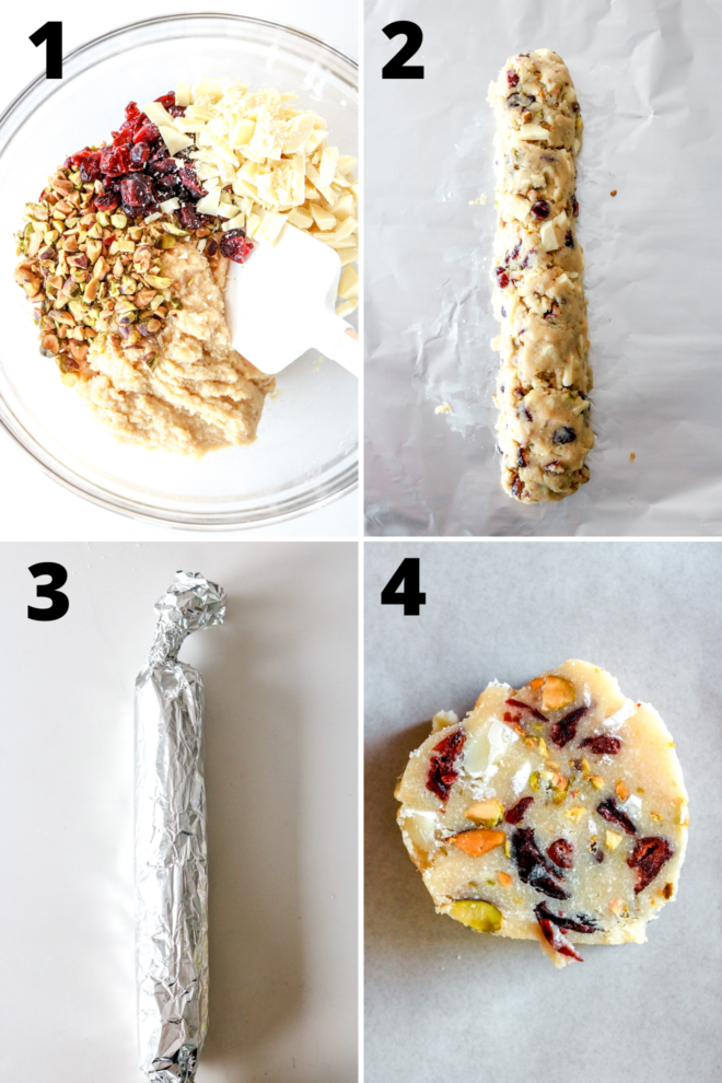 overhead image of four steps to make cranberry pistachio cookies