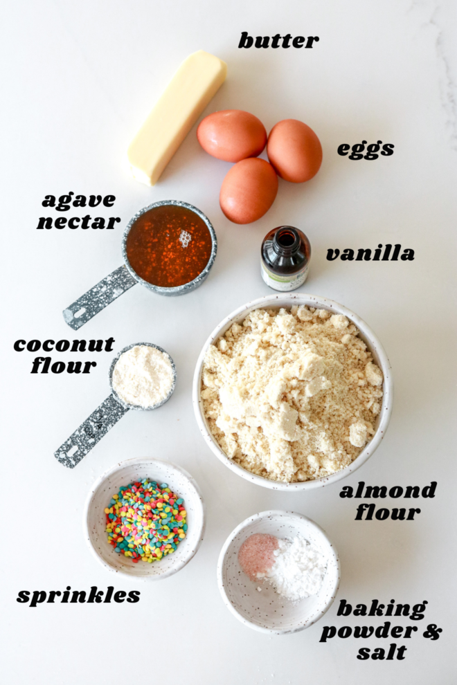 overhead image of all the ingredients to make funfetti cake