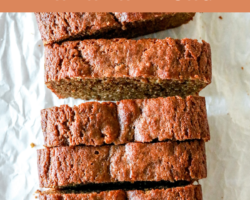 overhead image of slices of gingerbread banana bread on white parchment paper with text overlay "gluten free gingerbread banana bread"