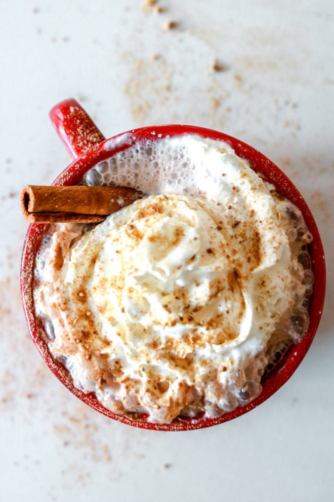overhead image of a warm beverage with whipped cream, a cinnamon stick, and spice sprinkled on top