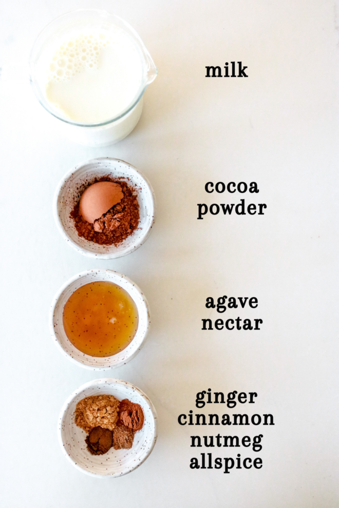 overhead image of milk, cocoa powder, agave nectar, ginger, cinnamon, nutmeg, and allspice on a white counter