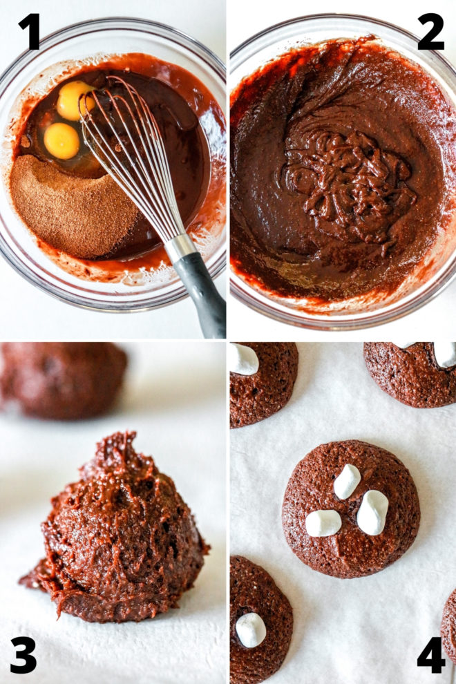 collage of four steps to making chocolate cookies with marshmallows.