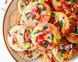 overhead image of a plate on a white counter. the plate has shortbread sprinkle cookies on it. rainbow sprinkles are scattered on the counter.