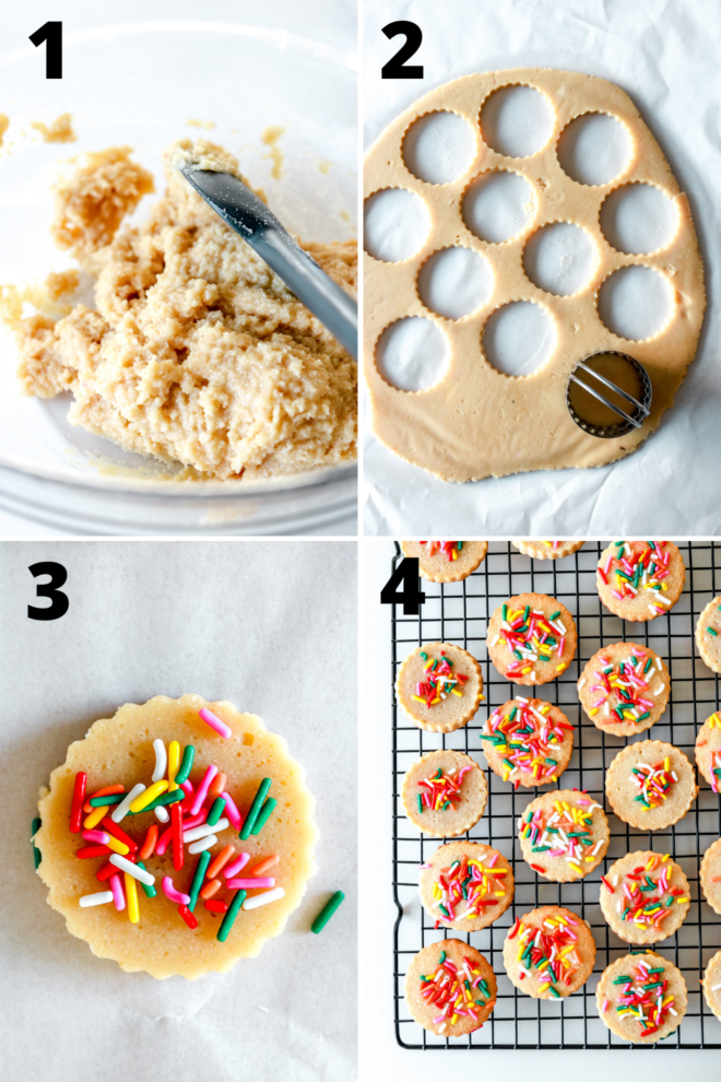 overhead image of four steps to make shortbread sprinkle cookies