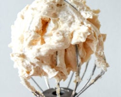 hand holding a whisk attachment to a standing electric mixer with vanilla buttercream frosting in the center of the whisk