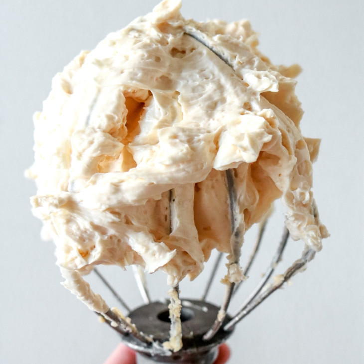 hand holding a whisk attachment to a standing electric mixer with vanilla buttercream frosting in the center of the whisk