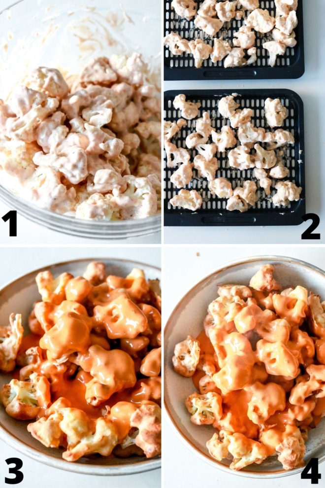 This is a collage of four process images to make buffalo cauliflower in an air fryer.