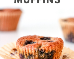 This is a side view of a blueberry muffin with the wrapper pulled off. The muffin sits on a white counter with other muffins blurred in the background. Text overlay reads "paleo & gluten free blueberry muffins."