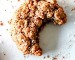 overhead image of an oatmeal cookie with a bite taken out laying on a white counter and ground cinnamon sprinkled around it.