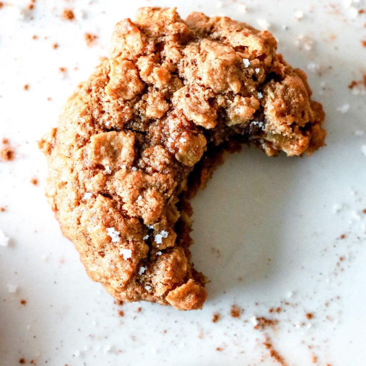 overhead image of an oatmeal cookie with a bite taken out laying on a white counter and ground cinnamon sprinkled around it.