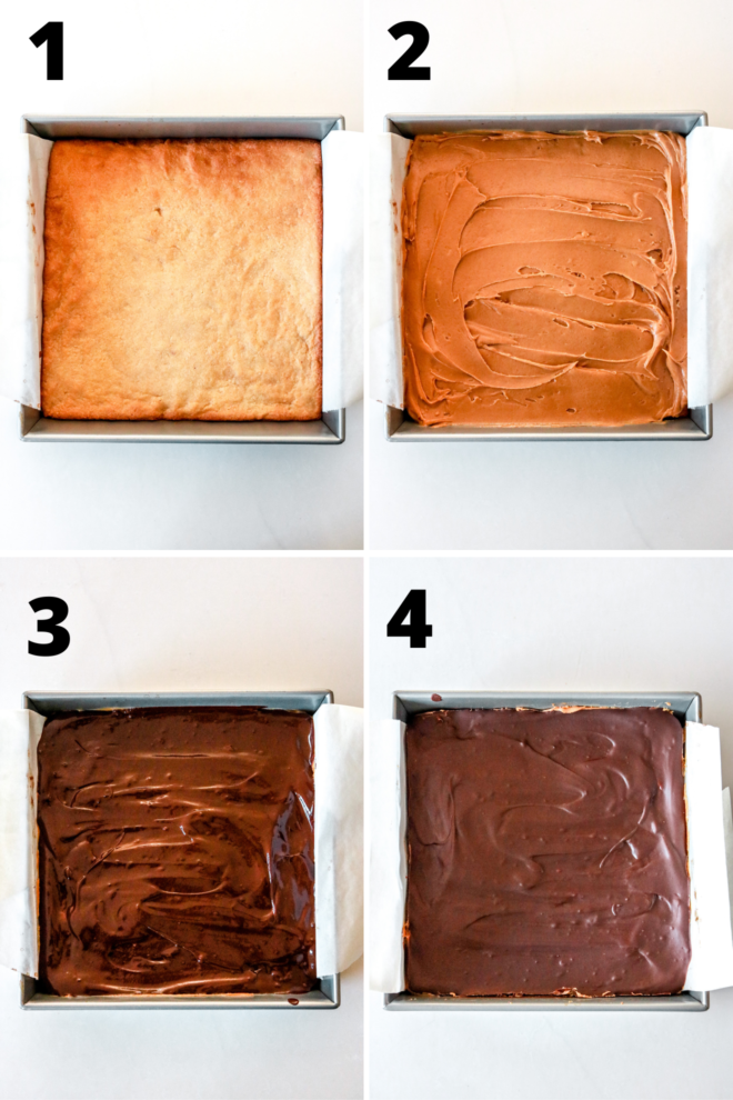 overhead view of four different images depicting four steps to make peanut butter millionaire bars.