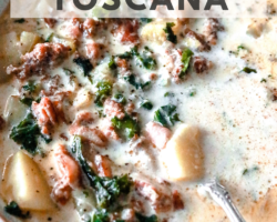 This is a side image of a soup bowl with a cream broth, sausage, kale, and potatoes. A spoon scoops a potato and leans against the side of the bowl. The bowl sits on a white counter. Text overlay reads "instant pot zuppa toscana"