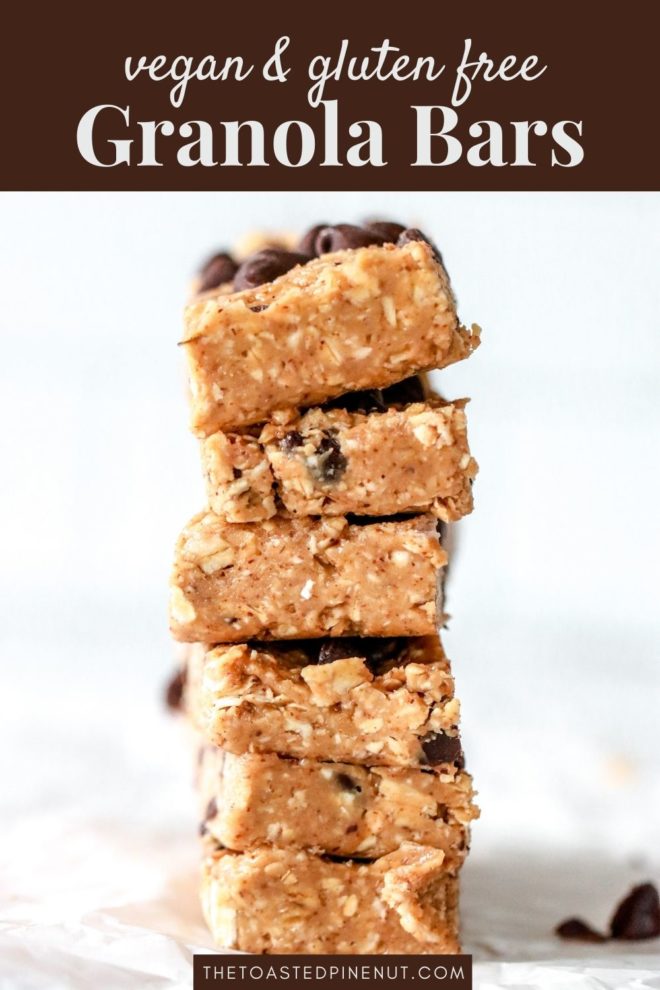 This is an image of a stack of chocolate chop granola bars on a white piece of parchment paper and white background. Text overlay reads "vegan & gluten free granola bars."