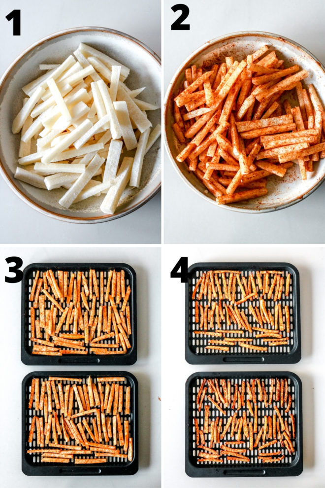 This is an overhead image of four process images to make jicama fries.