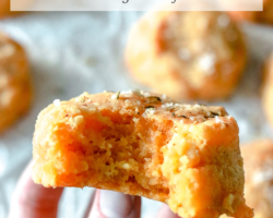 This is an image of a hand holding a cheesy biscuit with a bite taken out of it. More biscuits are blurred in the background. Text overlay reads "cheesy almond four biscuits keto & gluten free"