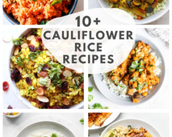 This is a collage of six images all featuring cauliflower rice. Text overlay reads, "10+ cauliflower rice recipes."