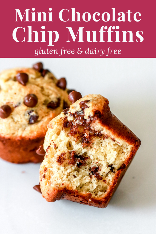 This is a mini muffin with mini chocolate chips. A bite is taken out of the muffin and it is laying on its side on a white counter. Another muffin is blurred in the background. Text overlay reads "mini chocolate chip muffins gluten free & dairy free".