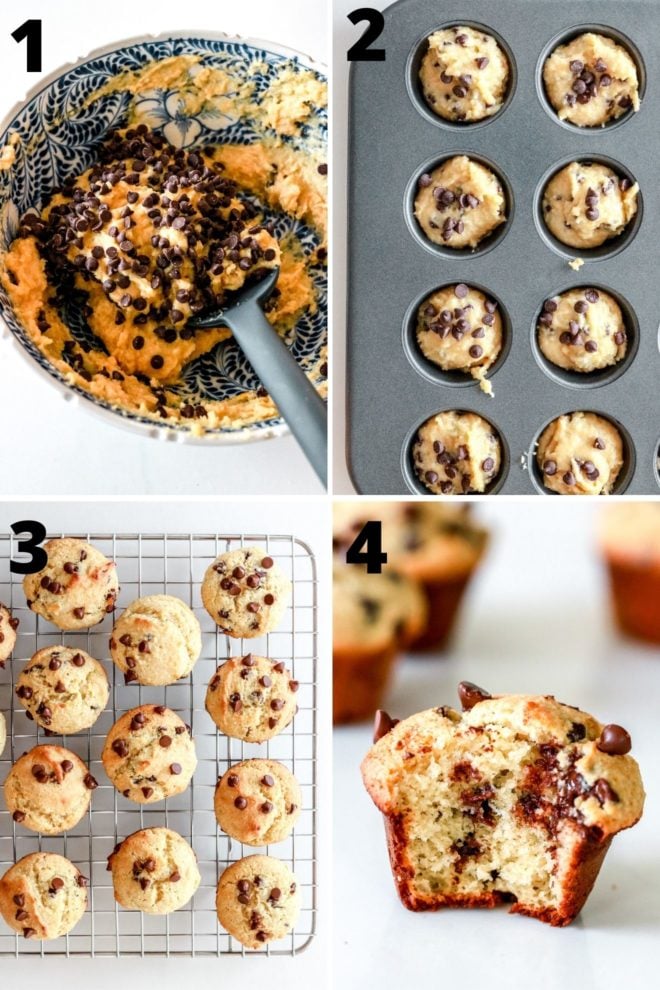 This is a collage of four images showing the process of making chocolate chip muffins. The first image is a blue and white patterned bowl with the raw batter and chocolate chips. The second image is muffin tins with the raw better in the cavities. The third image is a cooling rack with the muffins on it. The last image is a chocolate chip muffin wit a bite taken out of it sitting on a white counter.