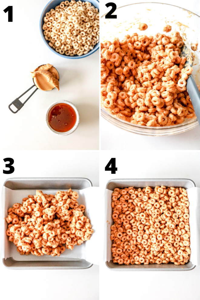 This is a collage of four images of the process of making peanut butter cheerio bars. The first image has the ingredients. The second image is a glass bowl with the ingredients mixed together. The third image is the cheerios put in a square pan. The fourth image has the cheerio bars pressed down in an even layer.