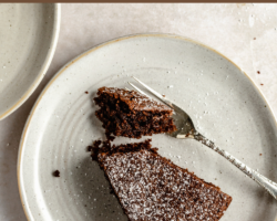 This is an overhead image of a small plate with a slice of chocolate olive oil cake. A fork is cutting off a bite of cake. The chocolate cake is sprinkled with powdered sugar. Text overlay reads "chocolate olive oil cake."