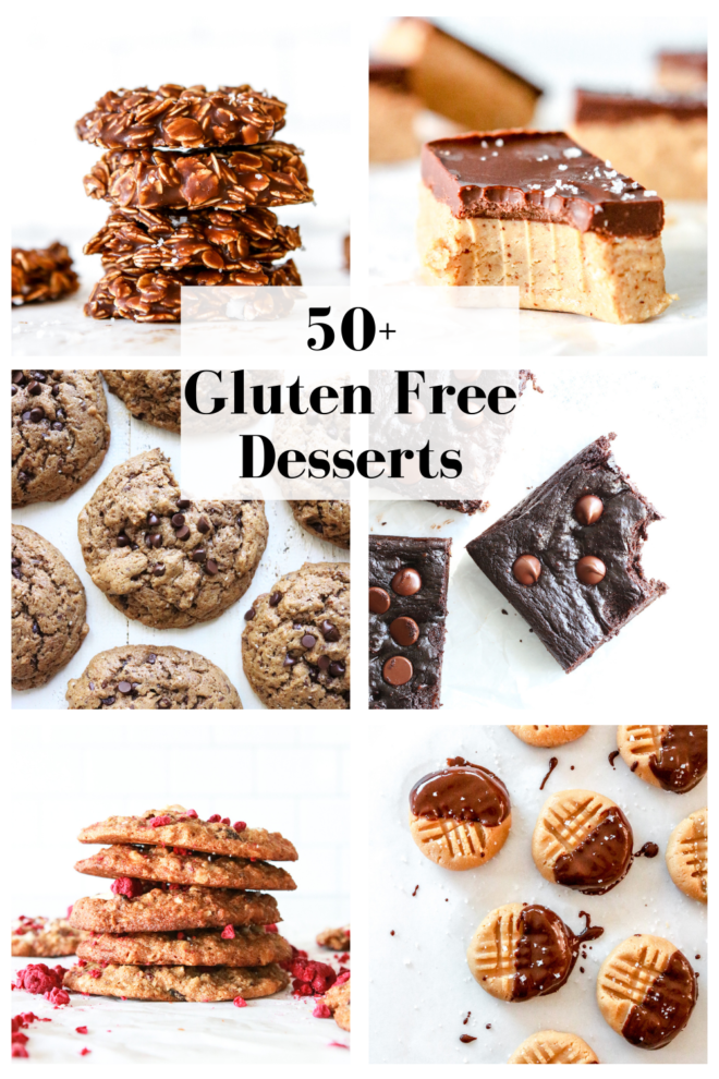 this is a collage of six dessert images. Text overlay reads "50+ gluten free desserts."