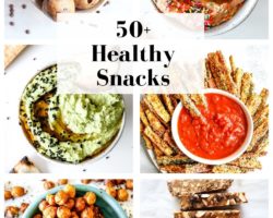This is a collage of six images with text overlay "50+ healthy snacks"