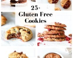 This is a collage of six cookies. text overlay reads "25+ gluten free cookies"