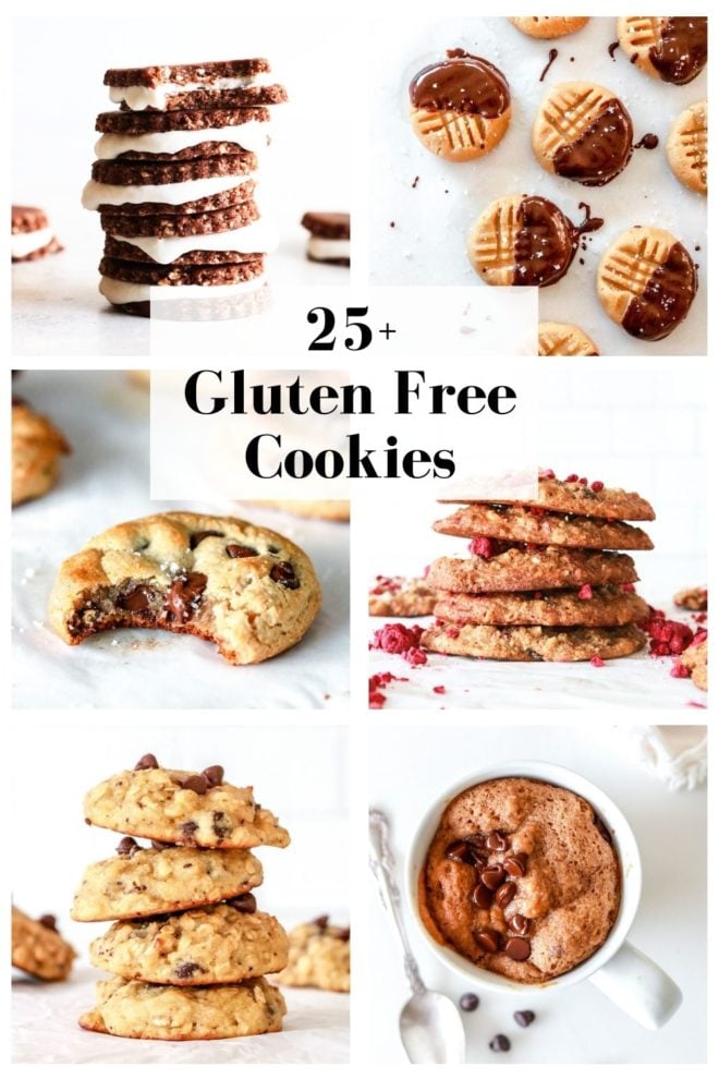 This is a collage of six different cookies. Text overlay reads "25+ gluten free cookies"