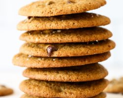 This is a side view of a stack of oat flour chocolate chip cookies. The stack of cookies sits on a white surface with a white background and some blurred cookies in the background.