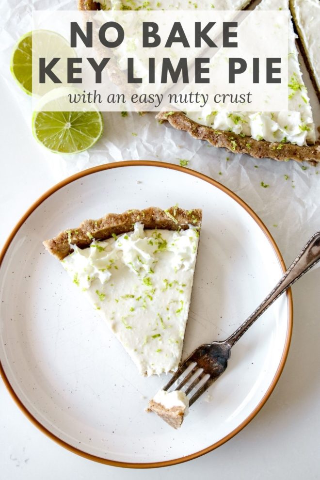 This is an overhead image of a slice of key lime pie on a small plate. The slice has a fork taking off a bite and leaning against the side of the plate. More pie slices are at the top right of the images and lime halves are to the top left. Text overlay reads "no bake key lime pie with an easy nutty crust"