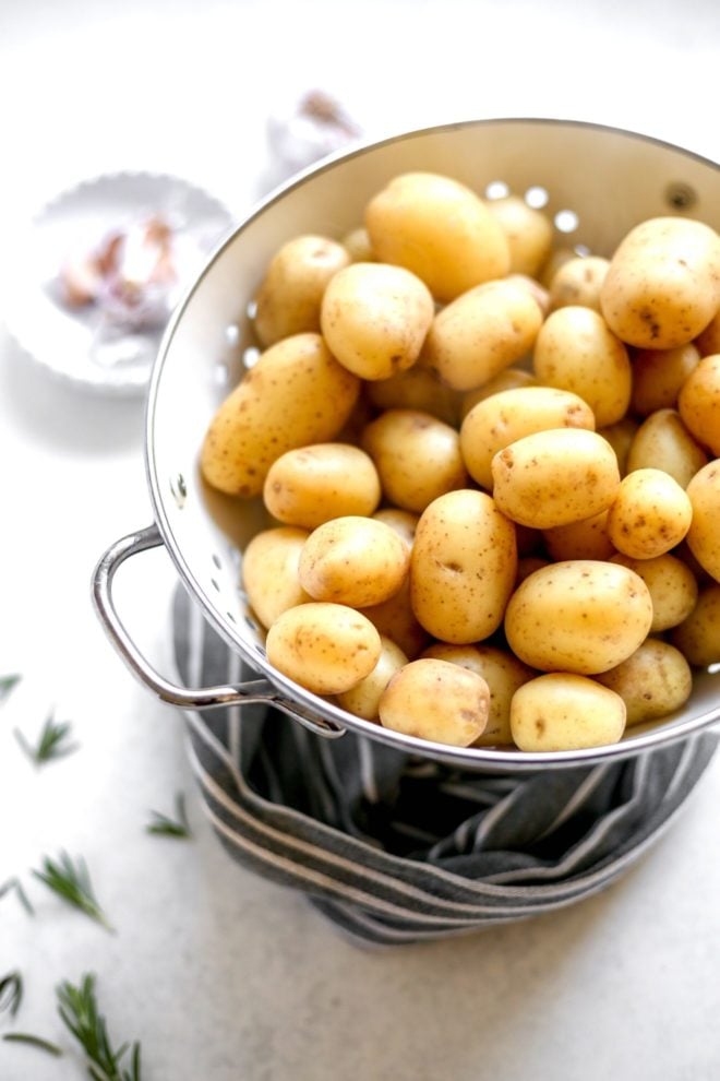 This is a closeup of mini potatoes in a colander. The colander sits on a light surface with a grey striped towel around it. Rosemary sprigs are blurred in the foreground and garlic cloves are blurred in the background.