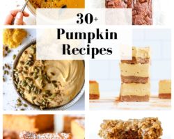 This is a collage of six pumpkin recipes. Text overlay reads "30+ pumpkin recipes."