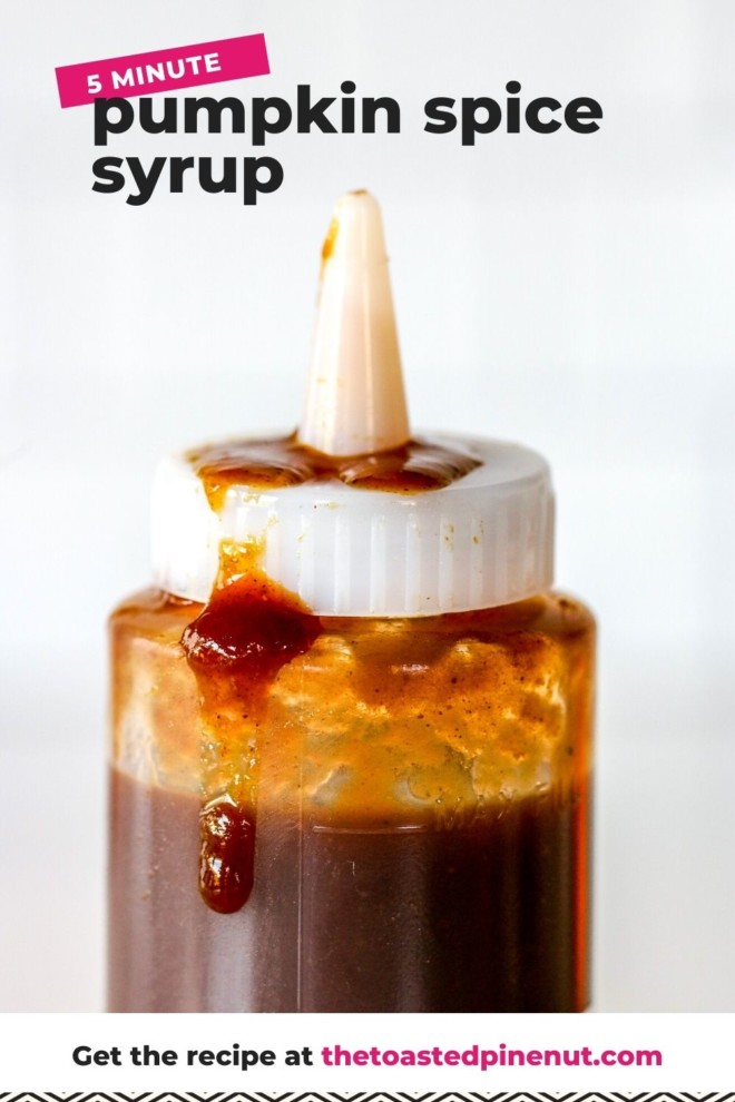This is a closeup of a plastic squeeze bottle with a lid. Inside the bottle is a deep caramel brown color. Some of the syrup is on the lid and dripping down the side of the bottle. Text overlay reads "5 minute pumpkin spice syrup."