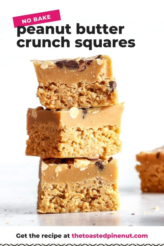 This is a stack of three small peanut butter squares. Each square has a top creamy layer and a bottom crunchy layer. The stack sits on a white surface with more squares blurred in the background. Text overlay reads "no bake peanut butter crunch squares."