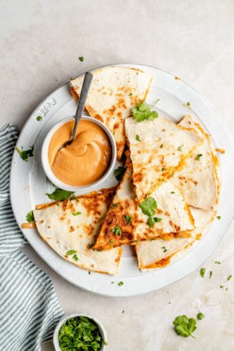 Vegan Buffalo Chickpea + Jackfruit Quesadillas - The Toasted Pine Nut