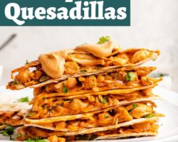This is a side view of a stack of quesadilla sliced. The quesadilla has chickpeas, jackfruit, and little pieces of cilantro. The stack is topped with a queso. The stack of quesadilla pieces are on a white plate on a white surface with a white background. Text overlay reads "jackfruit & chickpea quesadillas vegan!"