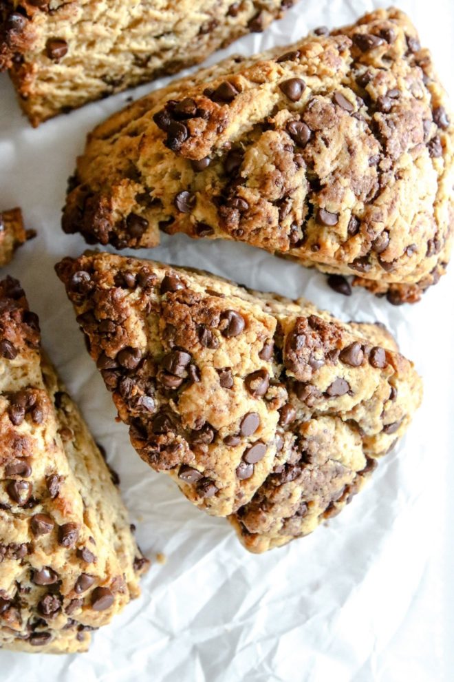 This is an overhead image of peanut butter chocolate chip scones. The scones are arranged in a circle and sit on a white piece of parchment paper.