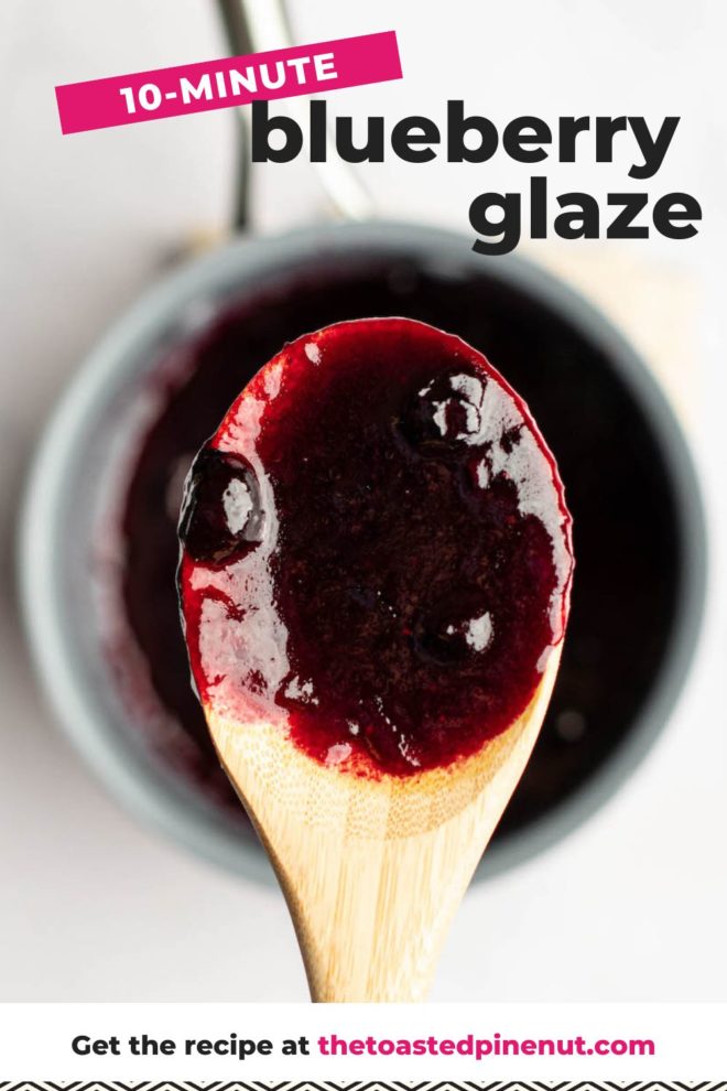 This is a close up of a glossy blueberry glaze on a wooden spoon. In the background is a pot filled with more glaze on a white surface. Text overlay reads "10-min blueberry glaze"