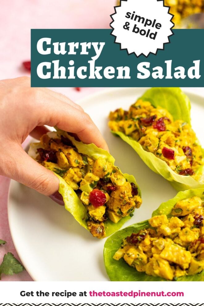 This is a vertical image looking at a white plate from an angled view. On the plate are three lettuce cups filled with a yellow cubed chicken salad with nuts and dried cranberries. A hand is coming from the left side of the image and holding one of the lettuce cups. The plate sits on a light pink surface with a glass bowl of more chicken salad in the background. On the surface behind the plate are a few dried cranberries. Text overlay reads "simple & bold curry chicken salad."
