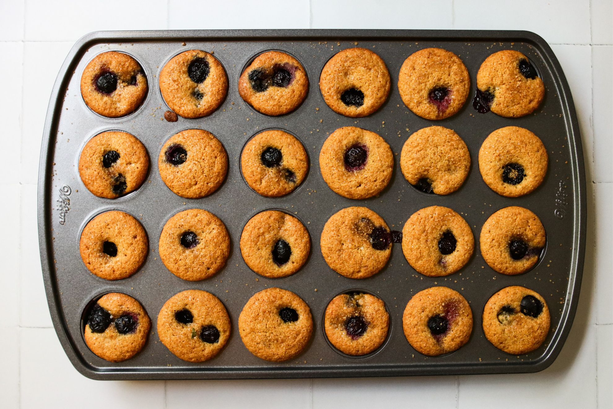 This is an overhead horizontal image of a 24 cup mini muffin tin on a white tile surface. The tin has baked blueberries muffins in it.