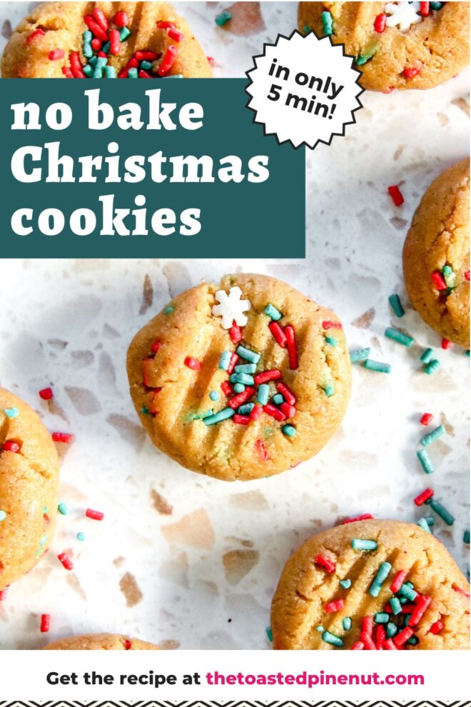 This is an overhead vertical image of cookie dough balls on a white terrazzo surface. The balls have red green and snowflake sprinkles on top and the tops have been pressed down with the back of a fork. text overlay reads "no bake Christmas cookies in only 5 min!"